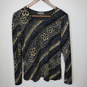 Elementz Y2K Floral Metallic Top‎ Womens Medium Black Gold Retro Long Sleeve